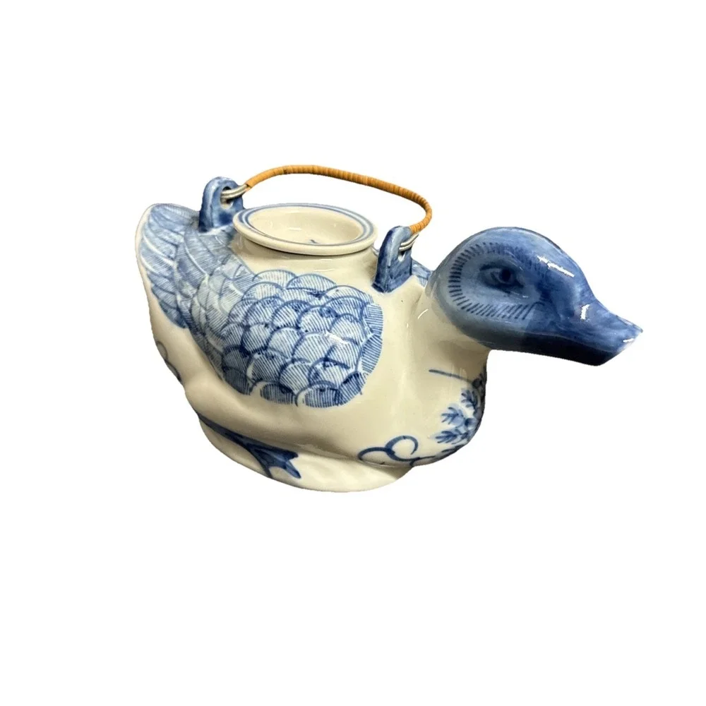 Vintage Chinese Blue & White Porcelain Duck Teapot Hand Painted Wicker Handle